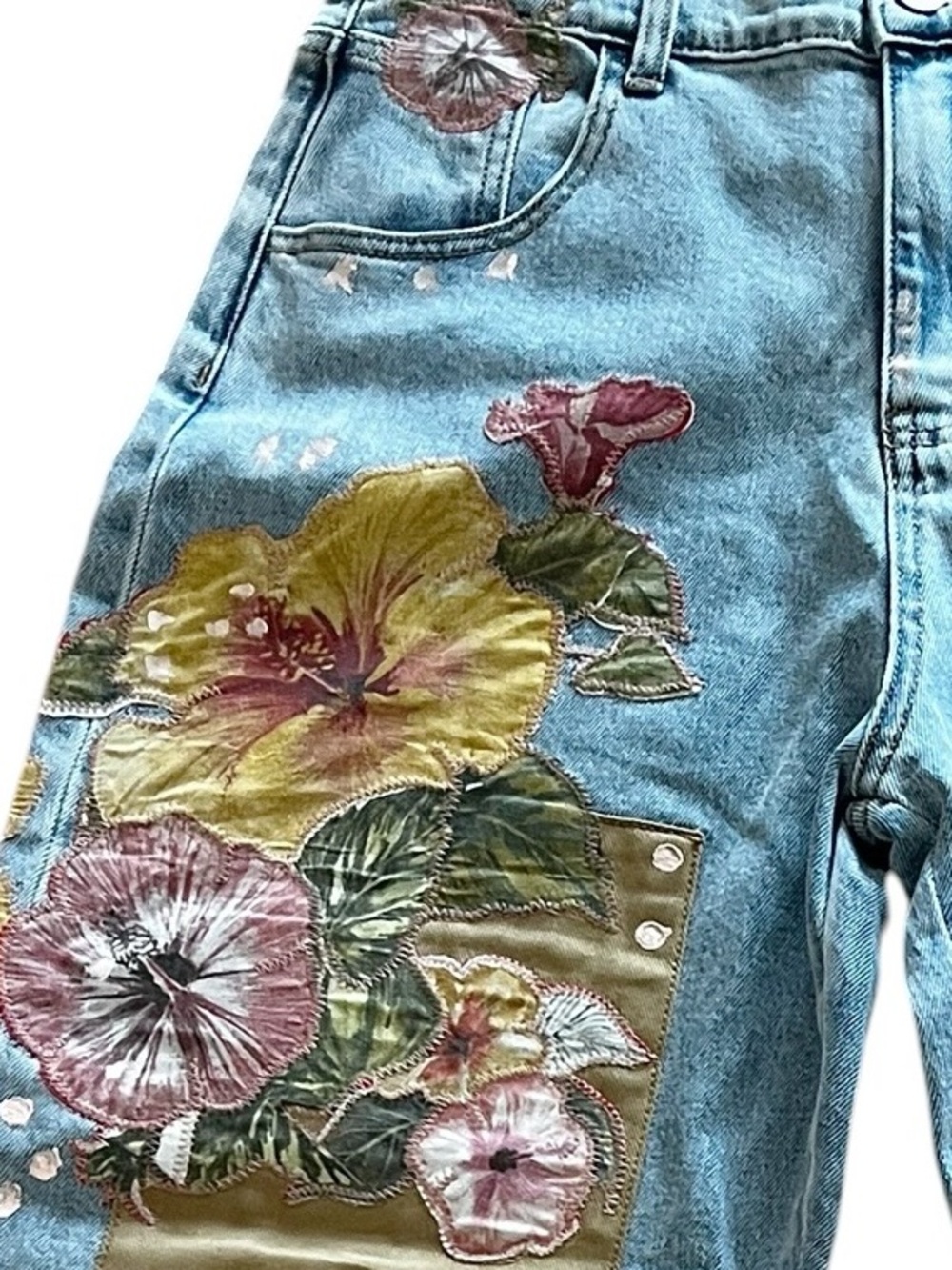 NEW blue b Light Wash Flora Floral Patchwork Hibiscus Pink Poppy Denim Jeans - Picture 3 of 6